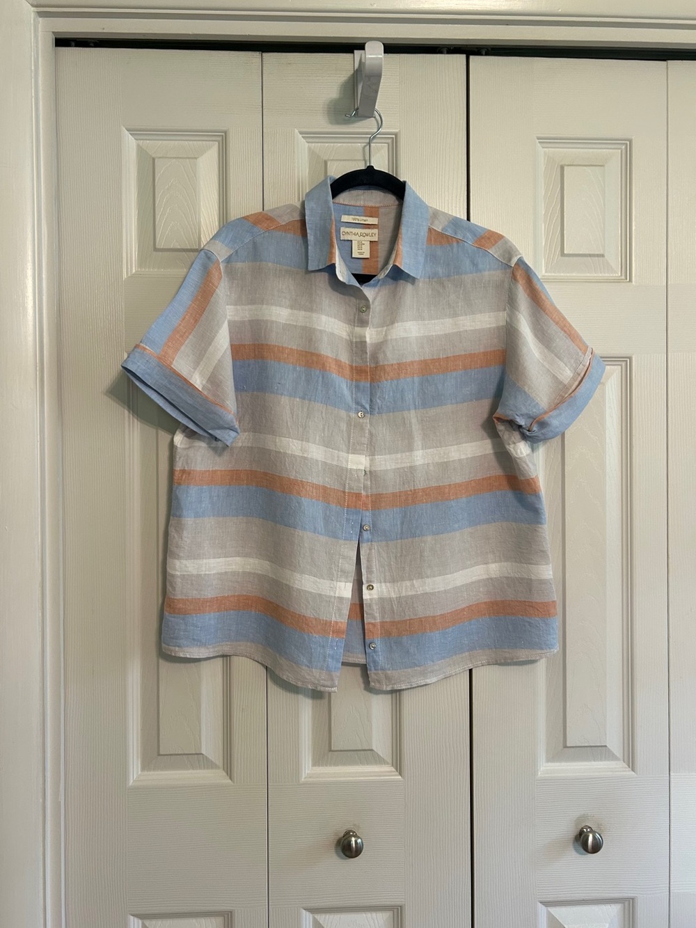 🍀Cynthia Rowley Linen Short Sleeve Button-Up Shirt in Blue & Tan Stripe